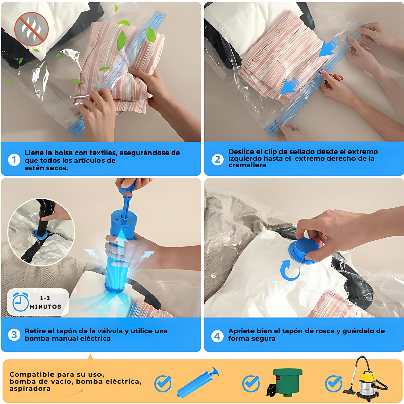 SpaceGuard® Pack 5 Bolsas Organizadoras al Vacíos + Bomba Manual 🧳🧼 – Ahorra Espacio y Protege tu Ropa Fácilmente